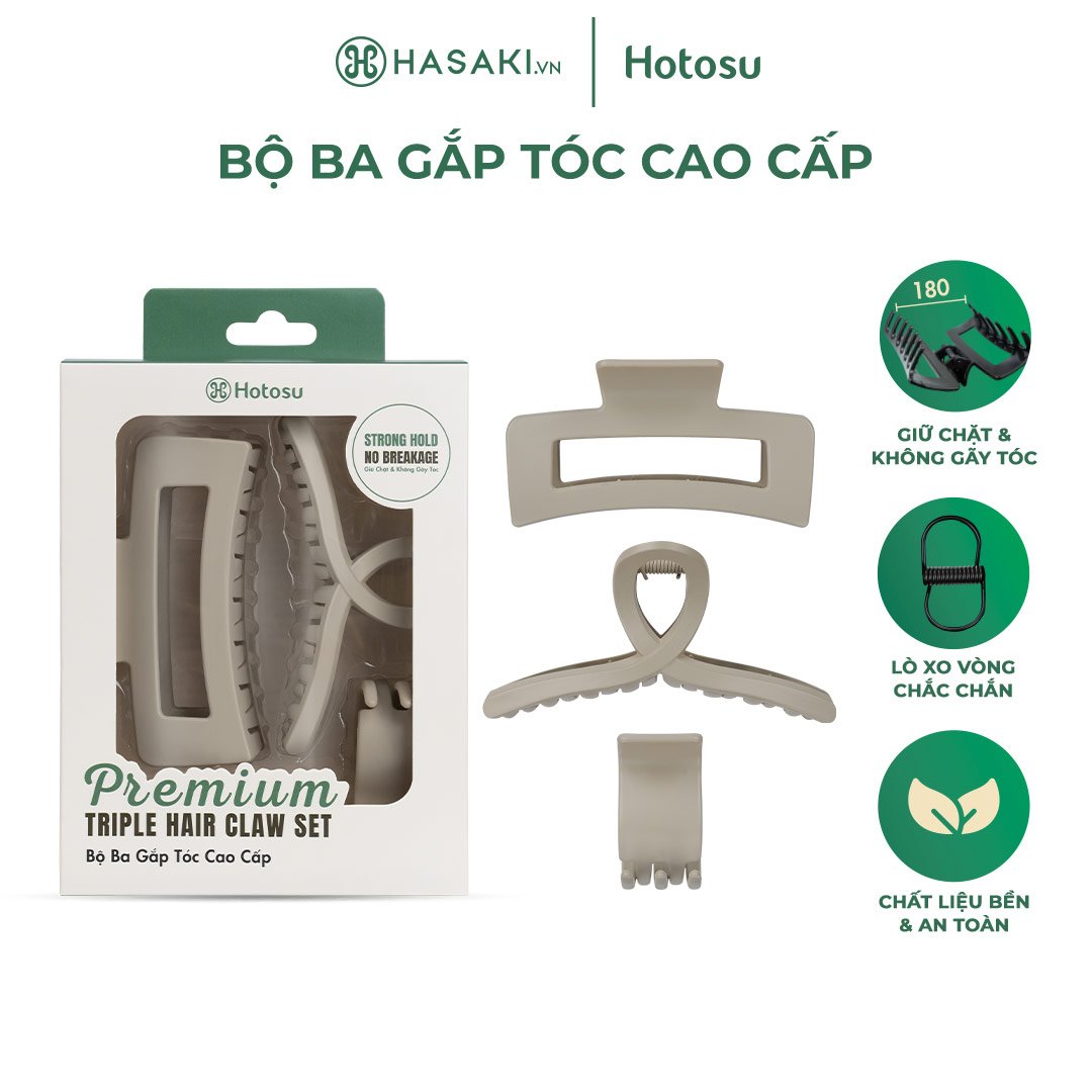 Bộ 3 Lược Gắp Tóc Hotosu Cao Cấp Màu Kaki