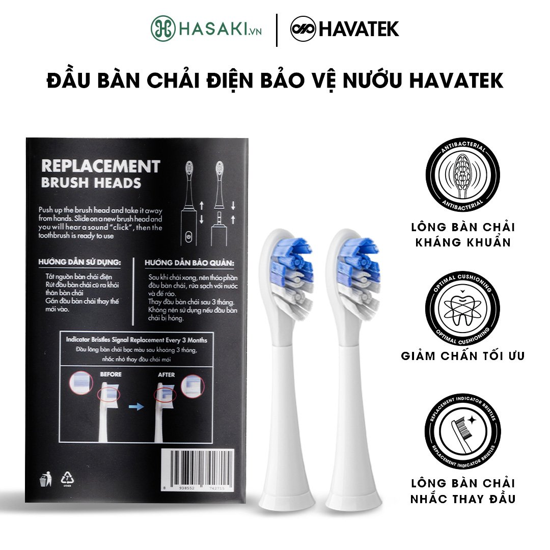 Combo Havatek Bàn Chải Điện Giảm Chấn Nướu Màu Trắng + Bộ 2 Đầu Bàn Chải Điện Sạch Sâu Kháng Khuẩn Màu Trắng