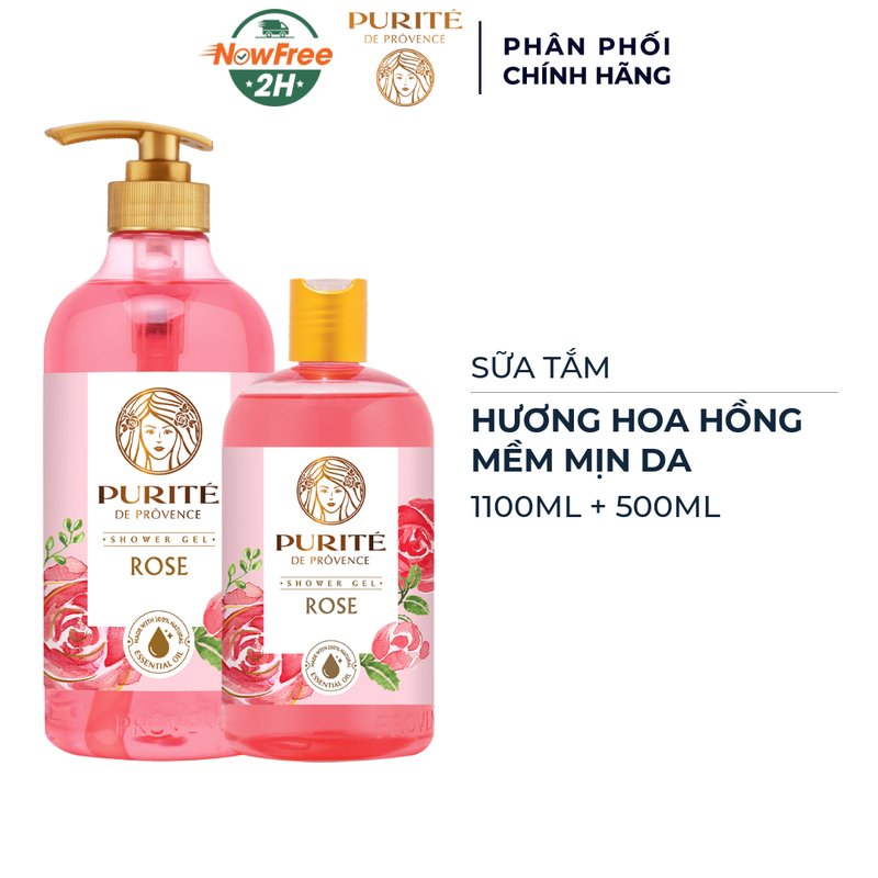 Combo Sữa Tắm Purité Dưỡng Da Mềm Mịn Hương Hoa Hồng 1100ml+500ml