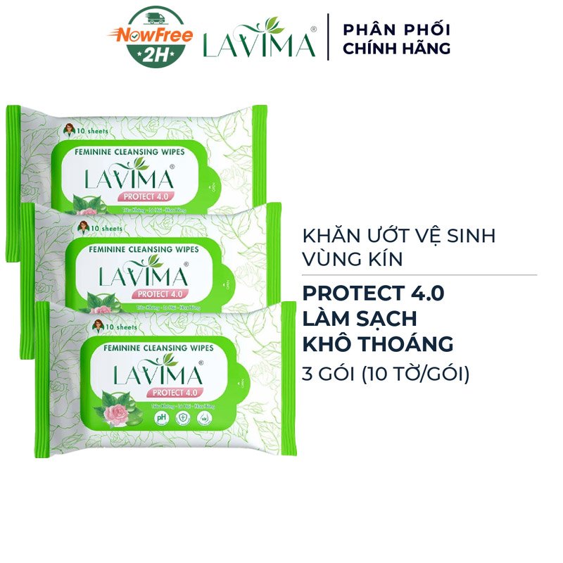 Combo 3 Khăn Ướt Vệ Sinh Vùng Kín Lavima Protect 4.0 Gói 10 Tờ