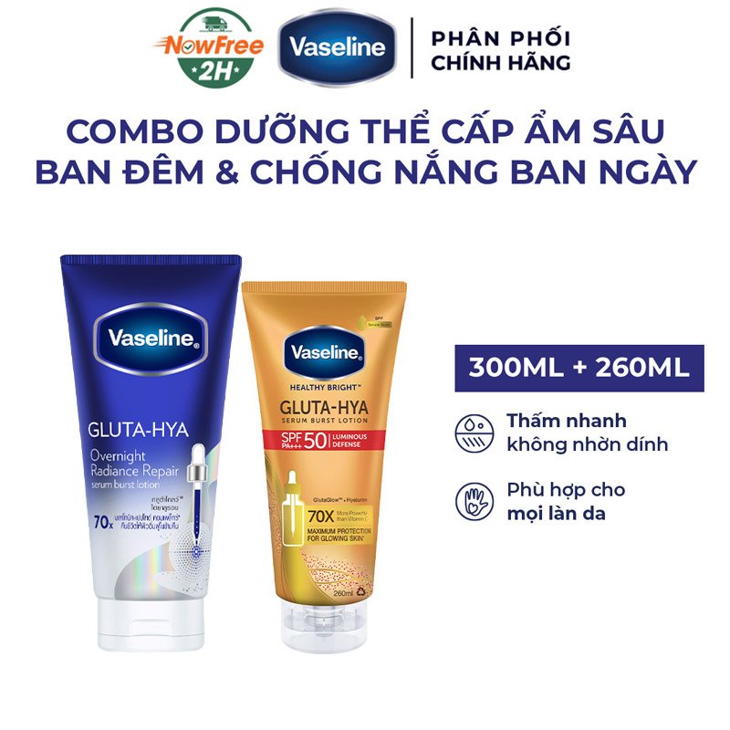 Combo Vaseline Mặt Nạ Serum Dưỡng Thể Căng Mướt 300ml (Mới) + Serum Dưỡng Thể Chống Nắng Phổ Rộng SPF50 PA+++ 260ml