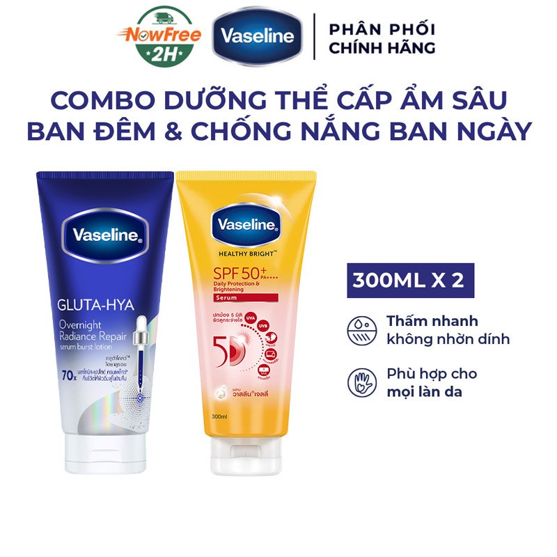 Combo Vaseline Mặt Nạ Serum Dưỡng Thể Căng Mướt 300ml (Mới) + Serum Dưỡng Thể Chống Nắng Sáng Da 300ml (Mới)