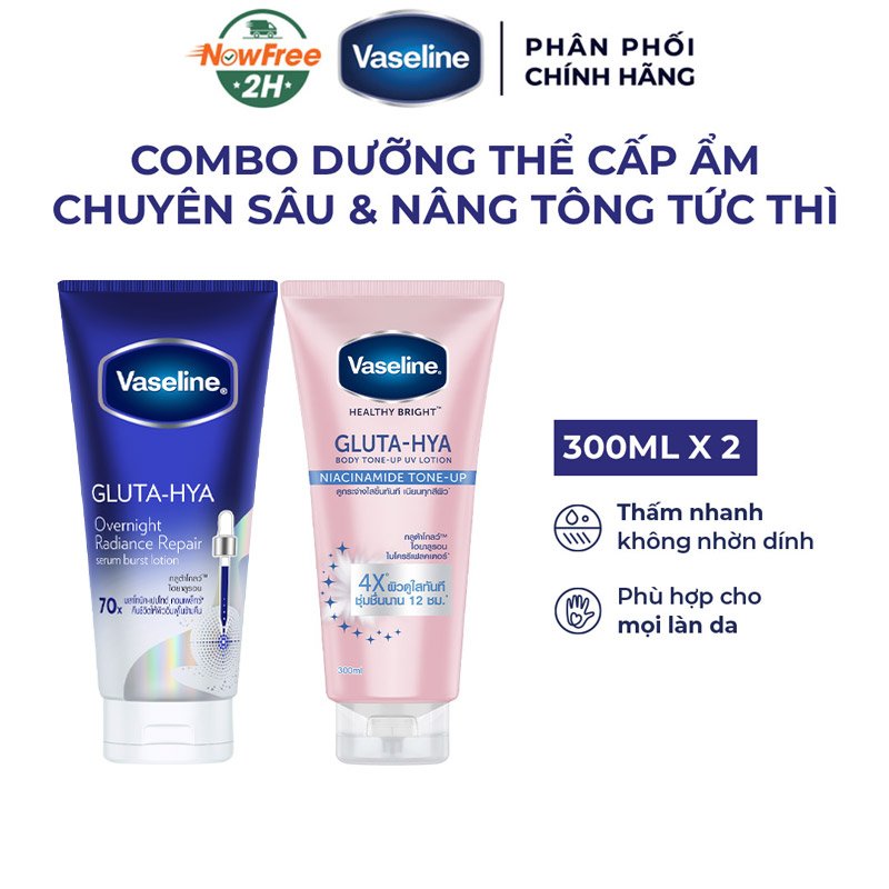 Combo Vaseline Mặt Nạ Serum Dưỡng Thể Căng Mướt 300ml (Mới) + Sữa Dưỡng Thể Gluta-Hya Nâng Tông Tức Thì 300ml