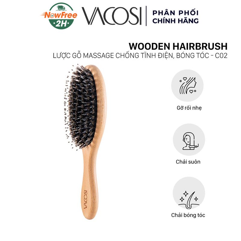 Lược Gỗ Vacosi Massage, Ngăn Tĩnh Điện, Làm Bóng Tóc C02