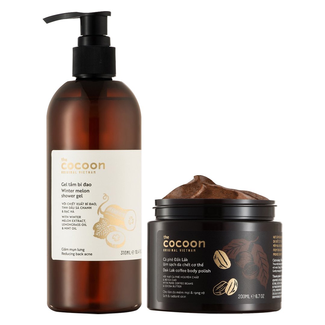 Combo Cocoon Gel Tắm Bí Đao 310ml + Tẩy Da Chết Toàn Thân Cà Phê Đắk Lắk 200ml