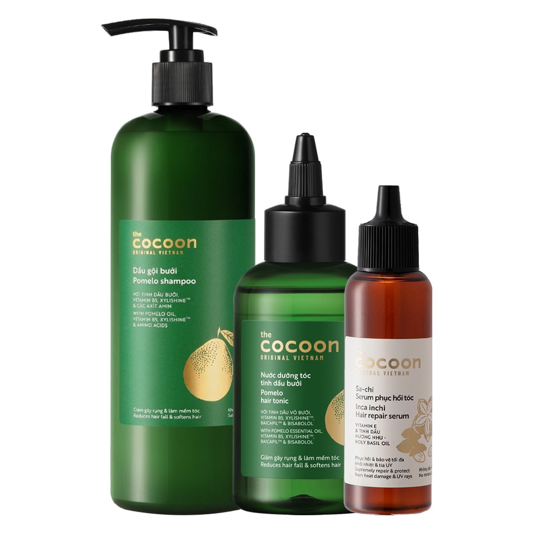 Combo Cocoon Dầu Gội Bưởi 500ml + Nước Dưỡng Tóc Bưởi 140ml + Serum Dưỡng Tóc Sachi 70ml