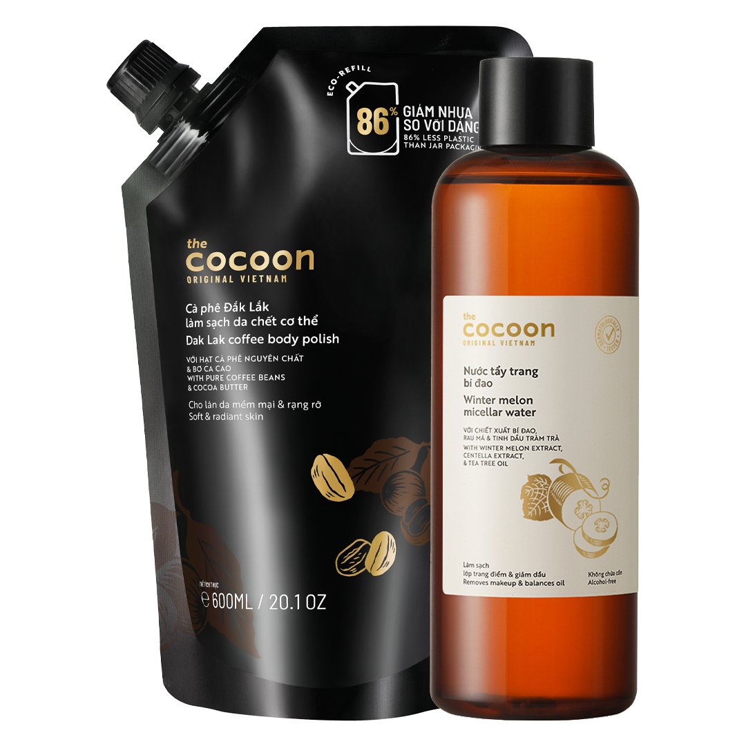 Combo Cocoon Túi Refill Tẩy Da Chết Toàn Thân 600ml + Nước Tẩy Trang Bí Đao 500ml