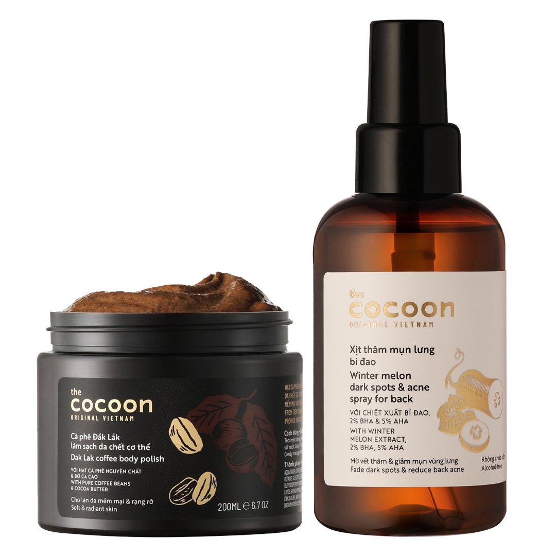 Combo Cocoon Tẩy Da Chết Toàn Thân 200ml & Xịt Thâm Mụn Lưng 140ml