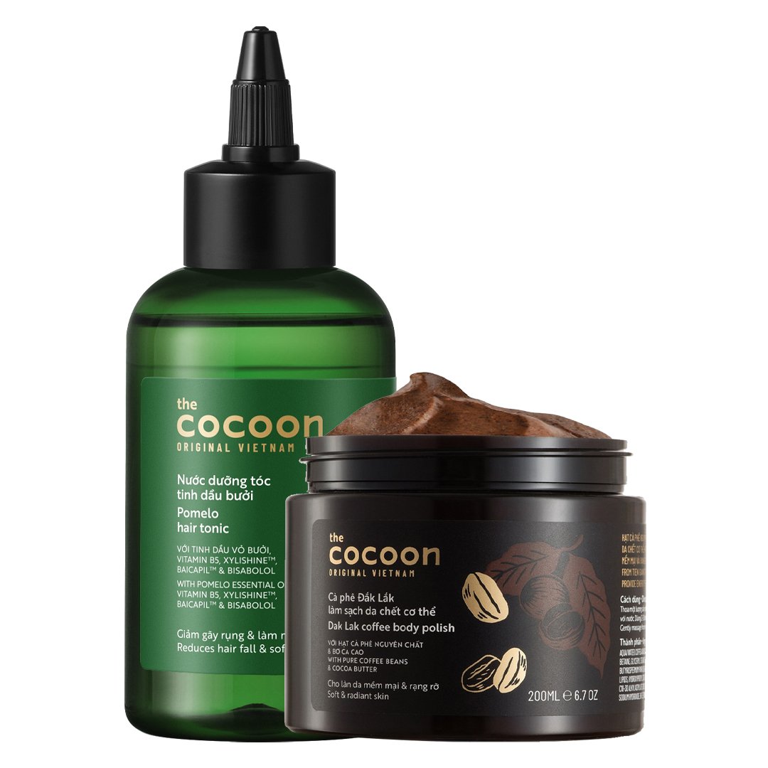 Combo Cocoon Nước Dưỡng Tóc Bưởi 140ml + Tẩy Da Chết Toàn Thân 200ml