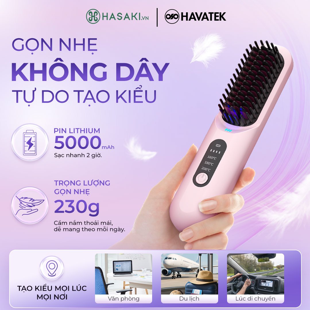 Lược Điện Havatek Không Dây Ion Âm Màu Hồng