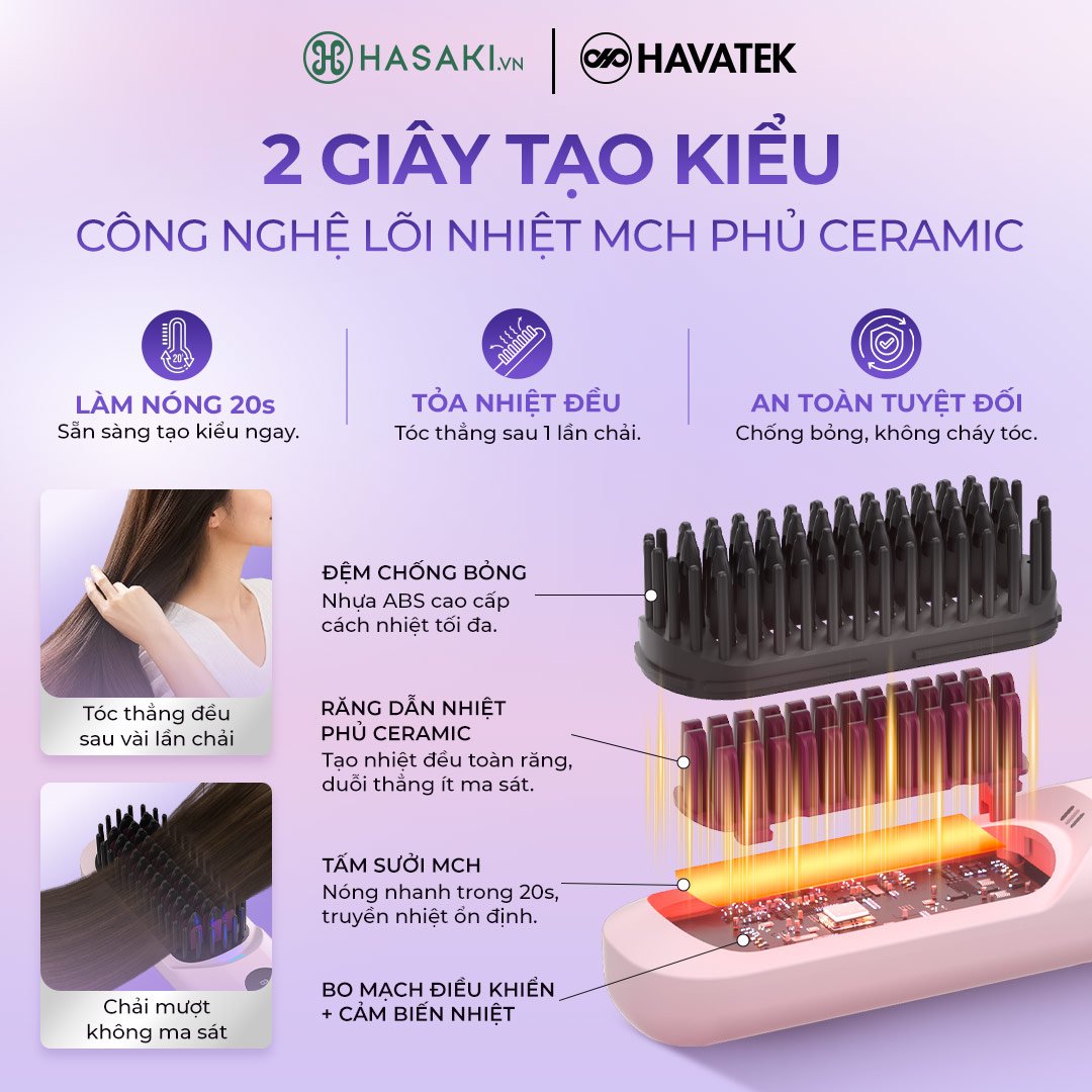 Lược Điện Havatek Không Dây Ion Âm Màu Hồng