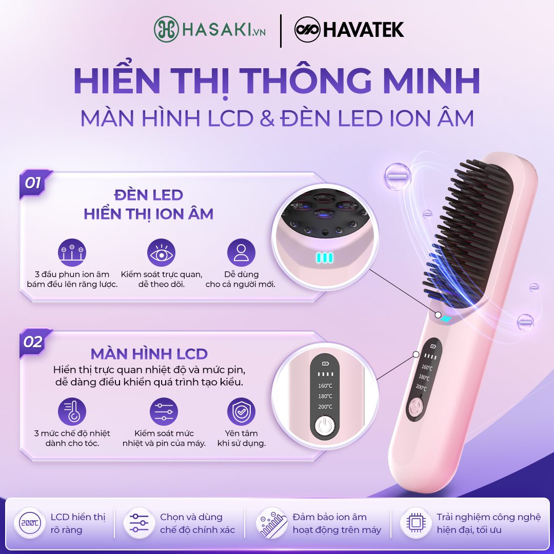 Lược Điện Havatek Không Dây Ion Âm Màu Hồng