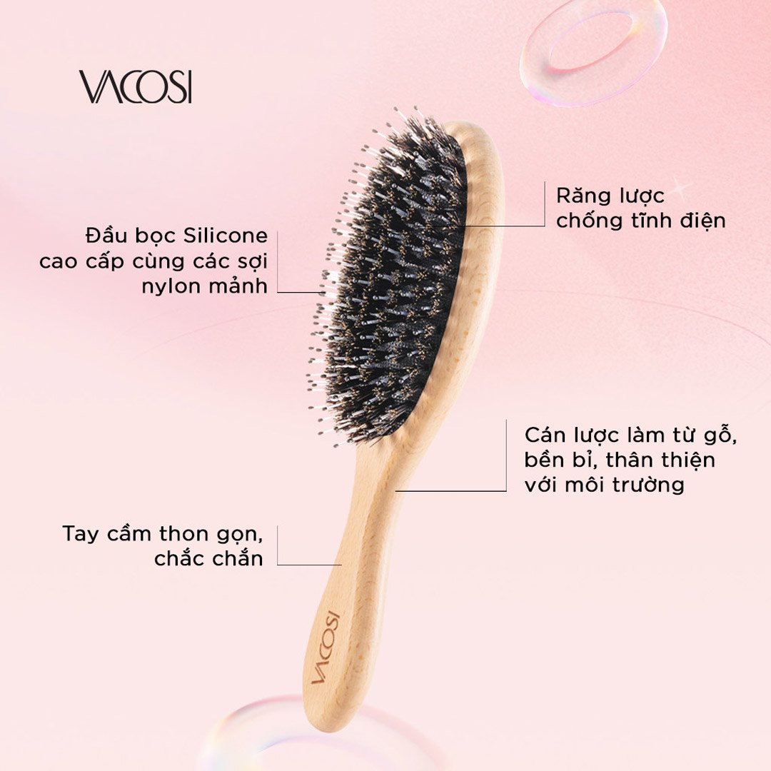 Lược Gỗ Vacosi Massage, Ngăn Tĩnh Điện, Làm Bóng Tóc C02