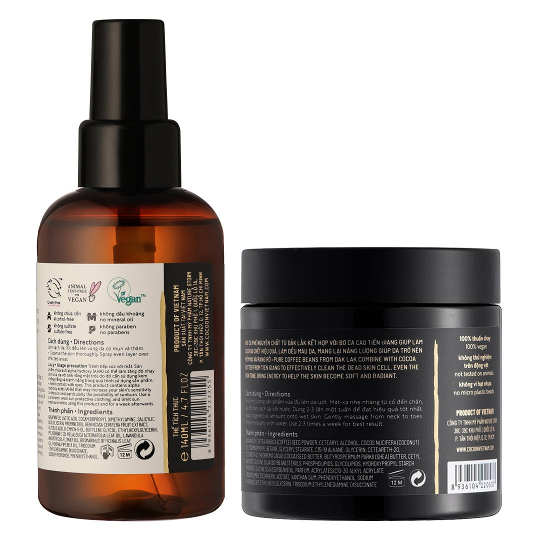 Combo Cocoon Tẩy Da Chết Toàn Thân 200ml & Xịt Thâm Mụn Lưng 140ml
