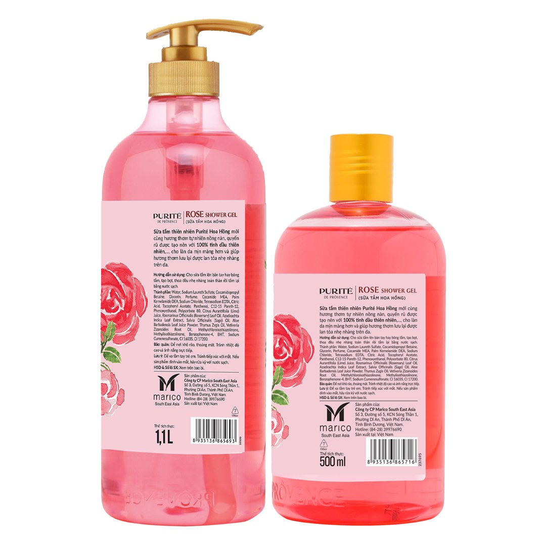 Combo Sữa Tắm Purité Dưỡng Da Mềm Mịn Hương Hoa Hồng 1100ml+500ml