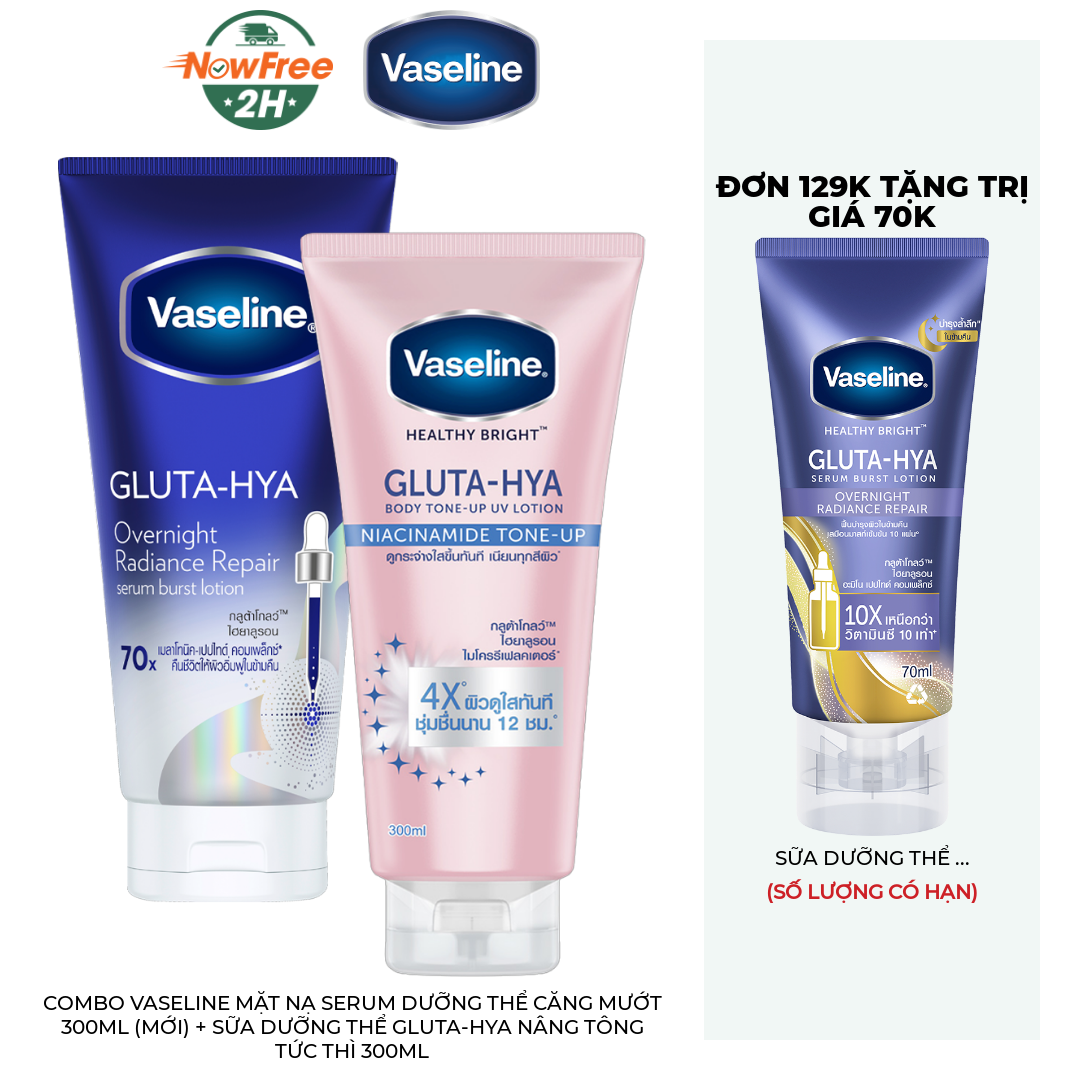 Combo Vaseline Mặt Nạ Serum Dưỡng Thể Căng Mướt 300ml (Mới) + Sữa Dưỡng Thể Gluta-Hya Nâng Tông Tức Thì 300ml