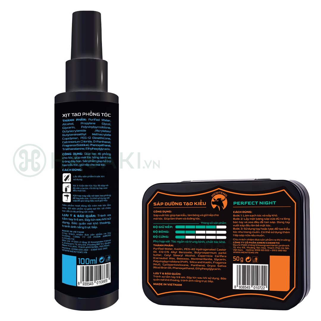 Combo Menitems Sáp Tạo Kiểu Pomade Pro - Perfect Night 50g + Xịt Tạo Phồng Bảo Vệ Nhiệt Cho Tóc 100ml
