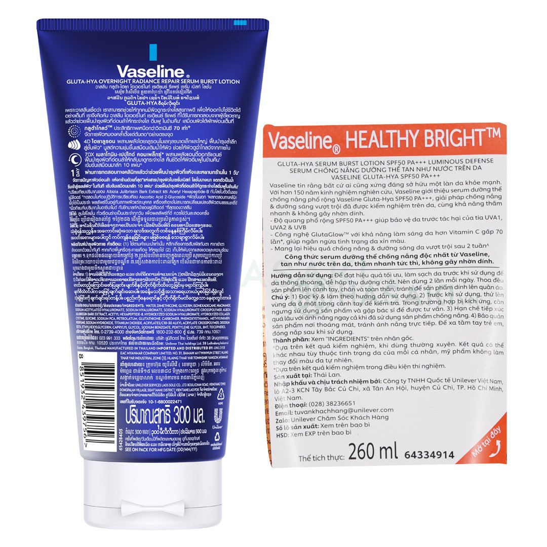 Combo Vaseline Mặt Nạ Serum Dưỡng Thể Căng Mướt 300ml (Mới) + Serum Dưỡng Thể Chống Nắng Phổ Rộng SPF50 PA+++ 260ml
