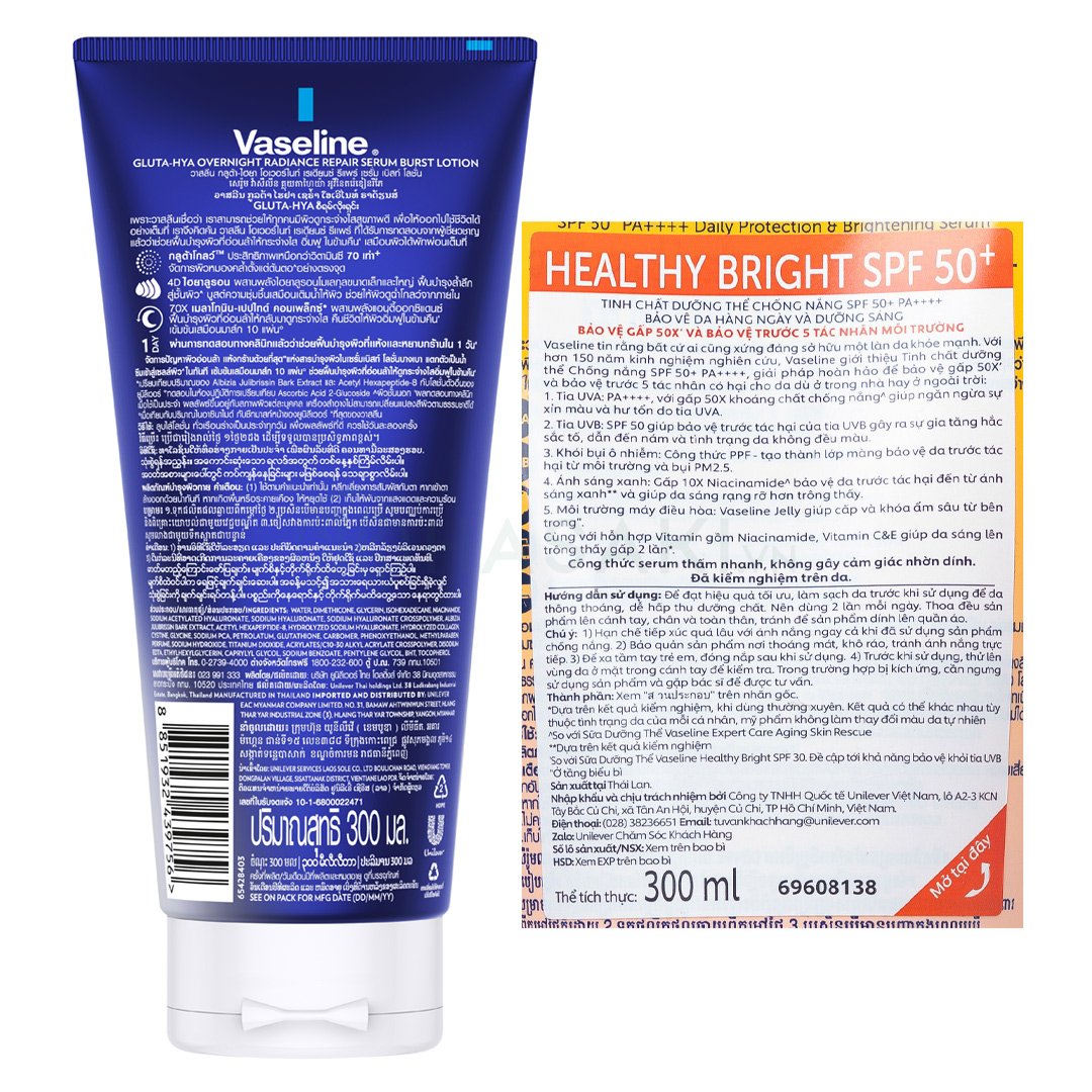 Combo Vaseline Mặt Nạ Serum Dưỡng Thể Căng Mướt 300ml (Mới) + Serum Dưỡng Thể Chống Nắng Sáng Da 300ml (Mới)