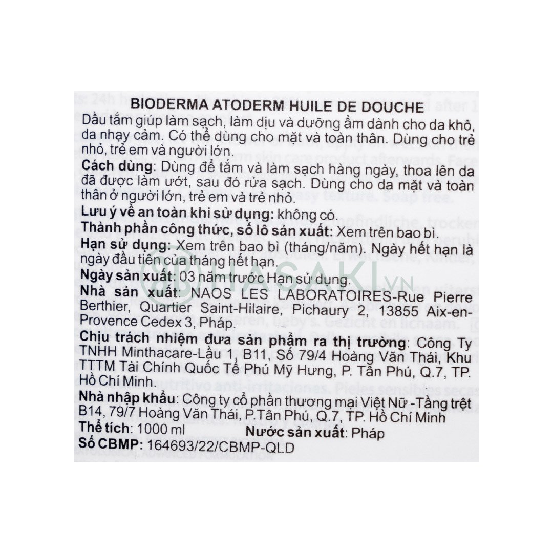 Dầu Tắm Bioderma Làm Sạch & Làm Dịu Da Khô, Nhạy Cảm 1L