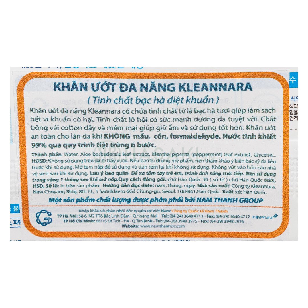 Khăn Ướt Đa Năng Kleannara Tinh Chất Bạc Hà 30 Tờ