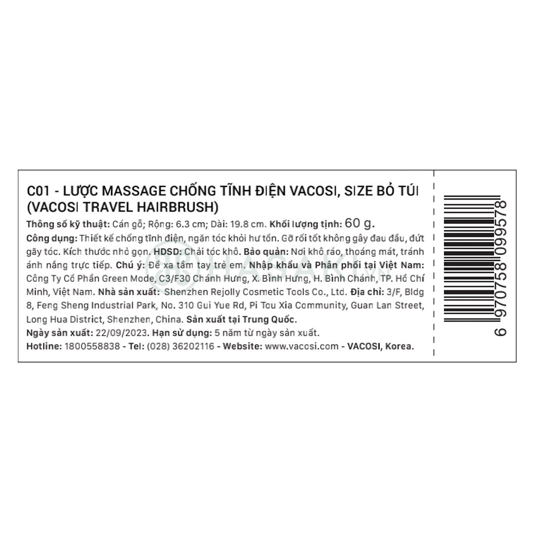 Lược Gỗ Vacosi Massage, Ngăn Tĩnh Điện, Làm Bóng Tóc C01 (Dạng Bỏ Túi)
