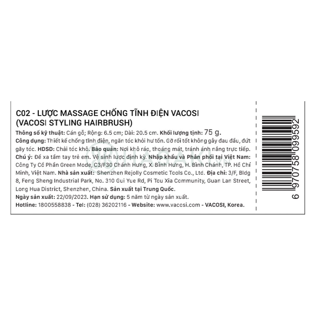 Lược Gỗ Vacosi Massage, Ngăn Tĩnh Điện, Làm Bóng Tóc C02