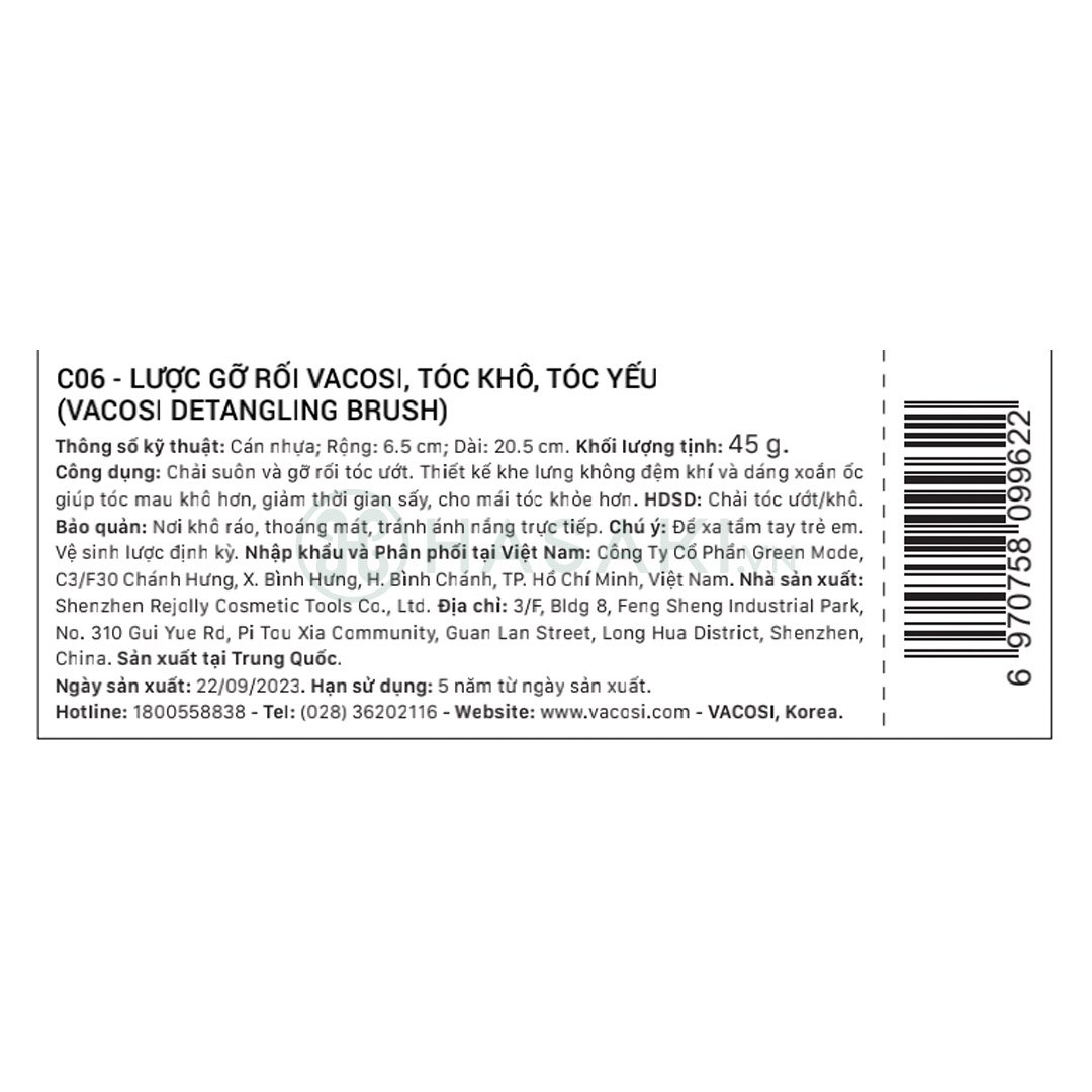 Lược Nhựa Vacosi Gỡ Rối Cho Tóc Khô, Tóc Yếu C06