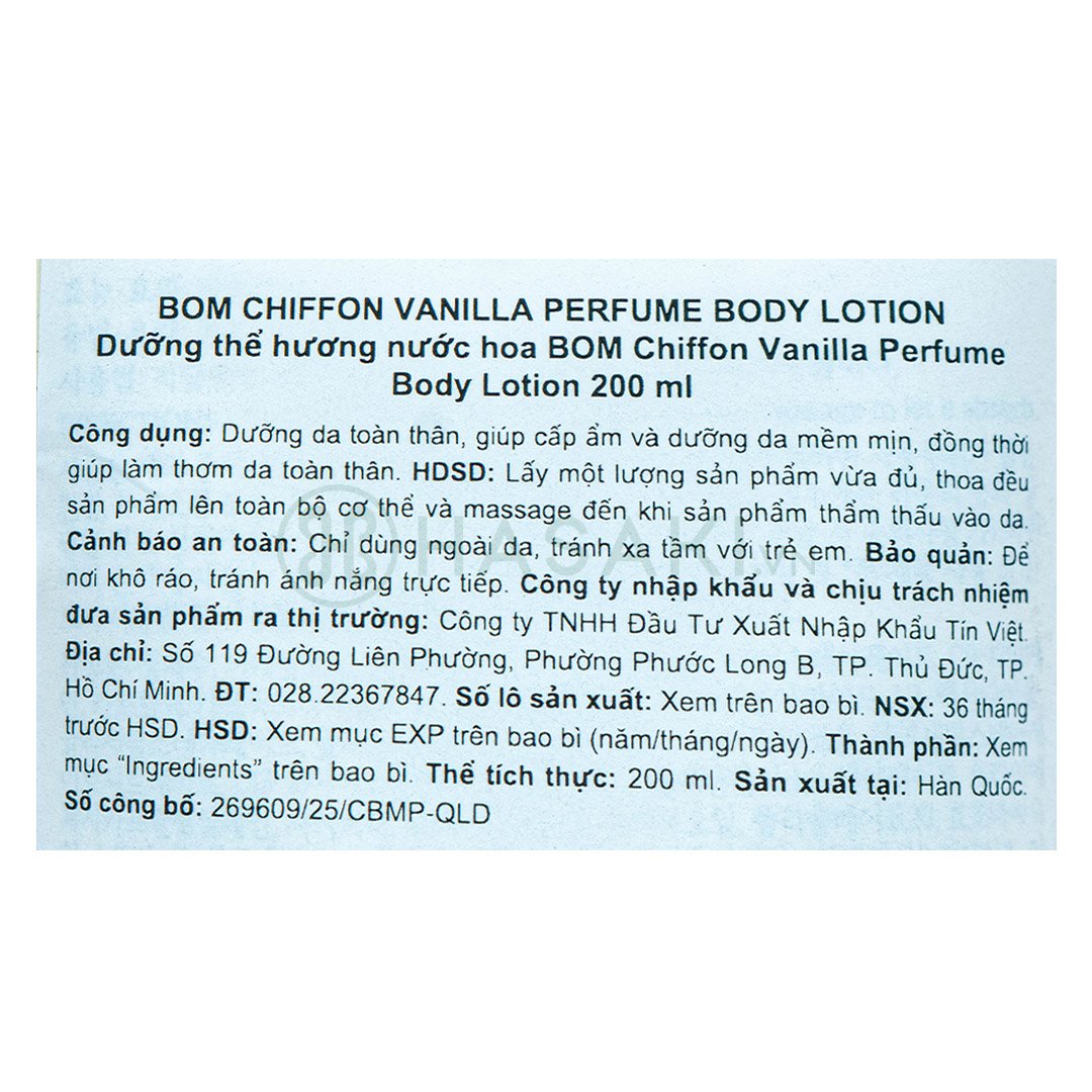 Sữa Dưỡng Thể B.O.M Hương Nước Hoa Chiffon Vanilla 200ml
