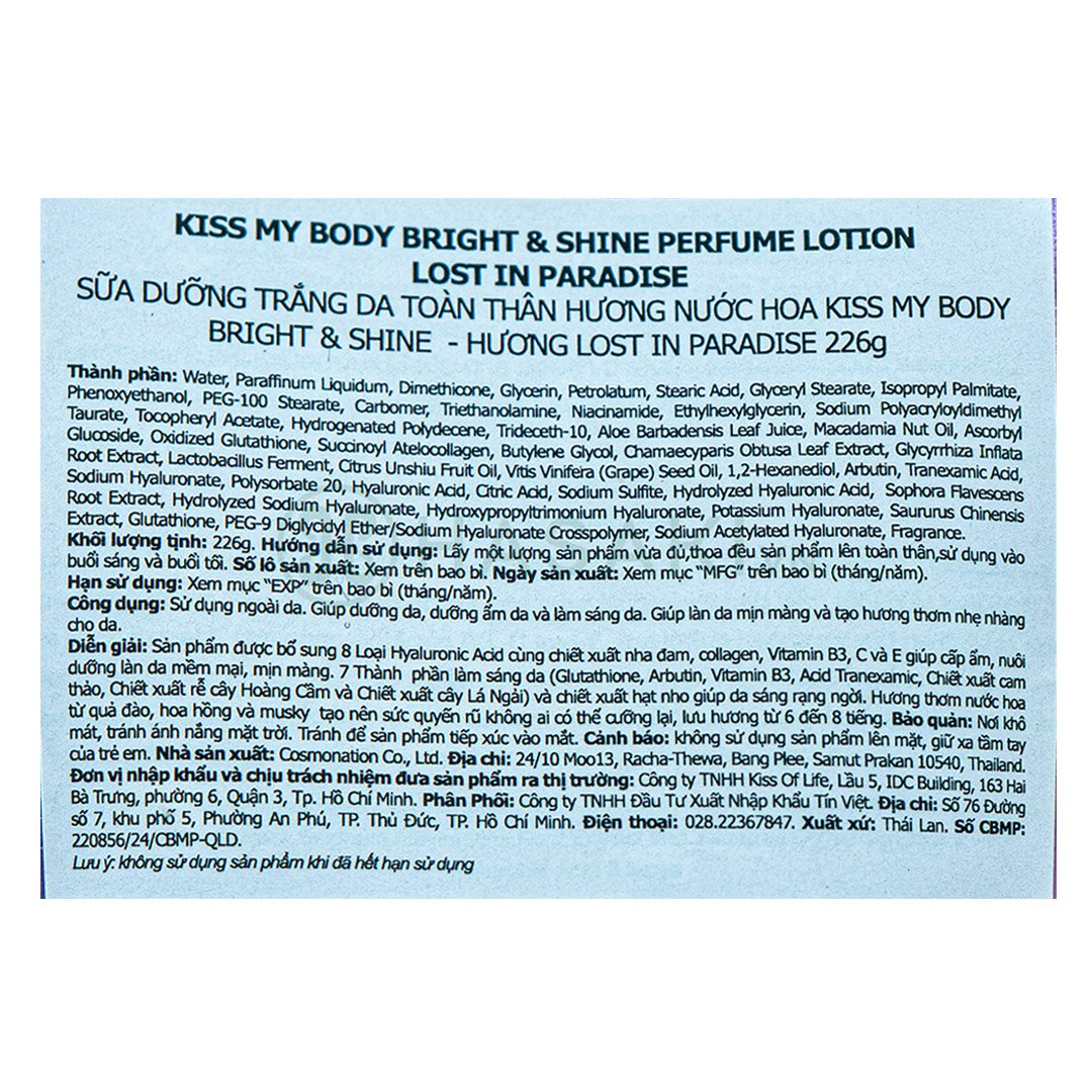 Sữa Dưỡng Thể Kiss My Body Sáng Da Lost In Paradise 226g