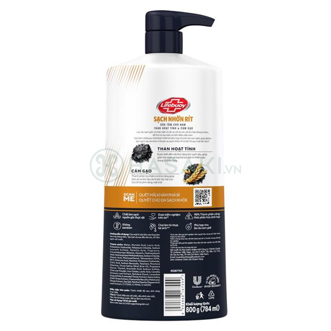 Sữa Tắm Lifebuoy Detox Than Hoạt Tính & Cám Gạo Cho Nam 800g