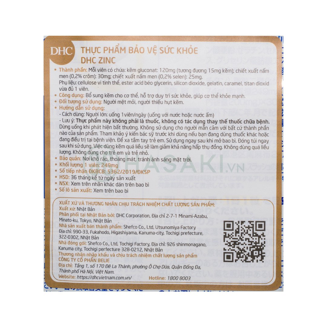Thực Phẩm Bảo Vệ Sức Khỏe DHC Zinc