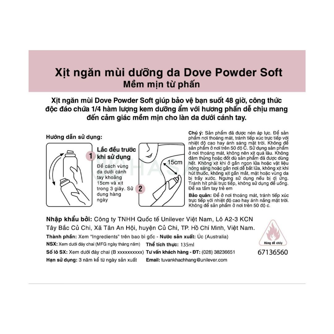 Xịt Khử Mùi Dove Dưỡng Da Sáng Mịn Hương Phấn Thơm 135ml