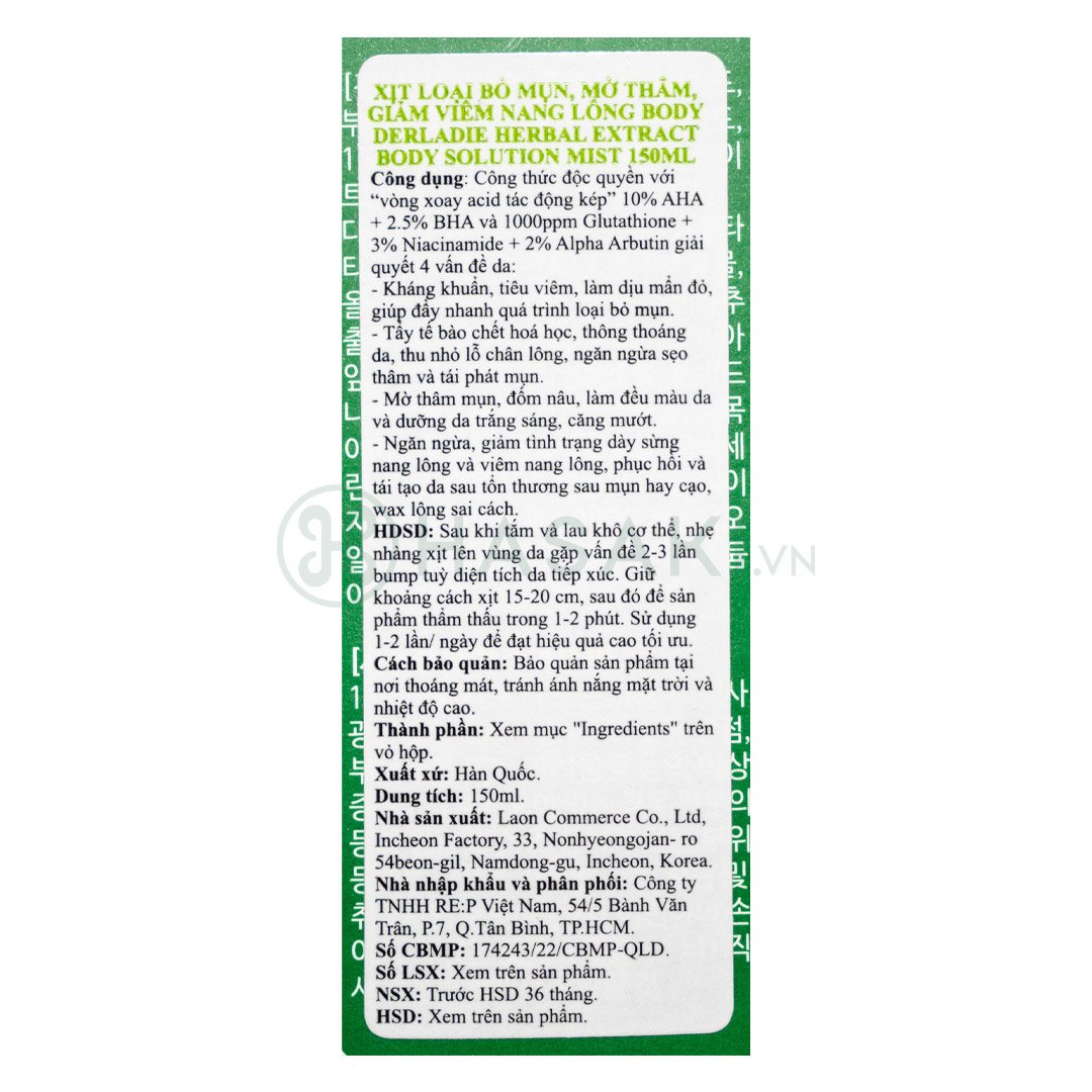 Xịt Mụn Lưng Derladie Mờ Thâm, Giảm Viêm Nang Lông 150ml