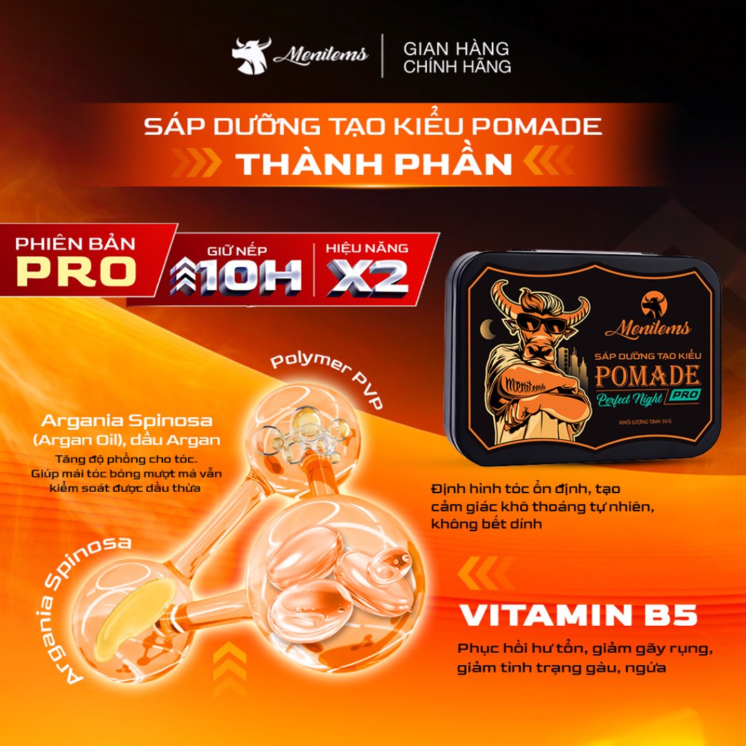 Combo Menitems Sáp Tạo Kiểu Pomade Pro - Perfect Night 50g + Xịt Tạo Phồng Bảo Vệ Nhiệt Cho Tóc 100ml