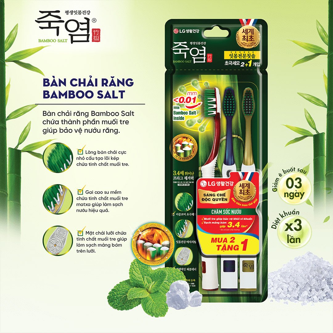 Bộ 3 Bàn Chải Đánh Răng Bamboo Salt Muối Tre Chăm Sóc Nướu